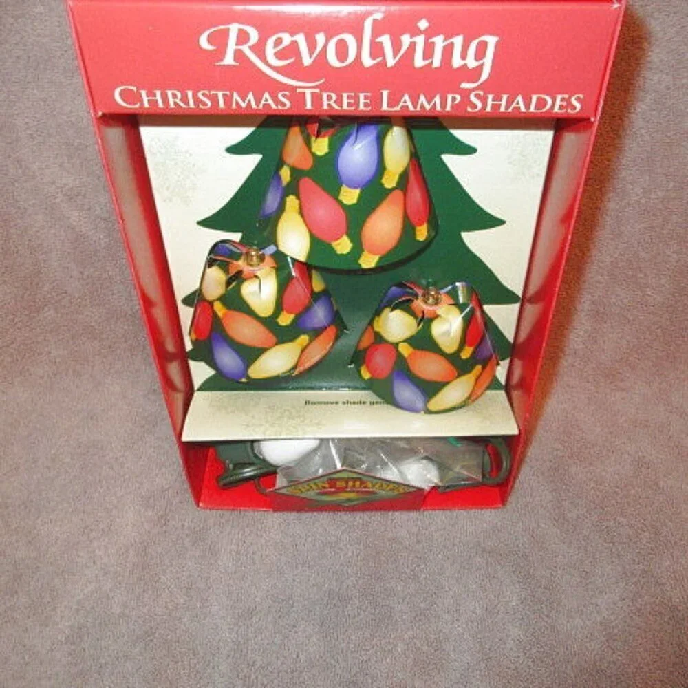 Vtg Revolving Christmas Tree Lamp Shades Set Of 3 With Light Bulbs Holiday NOS